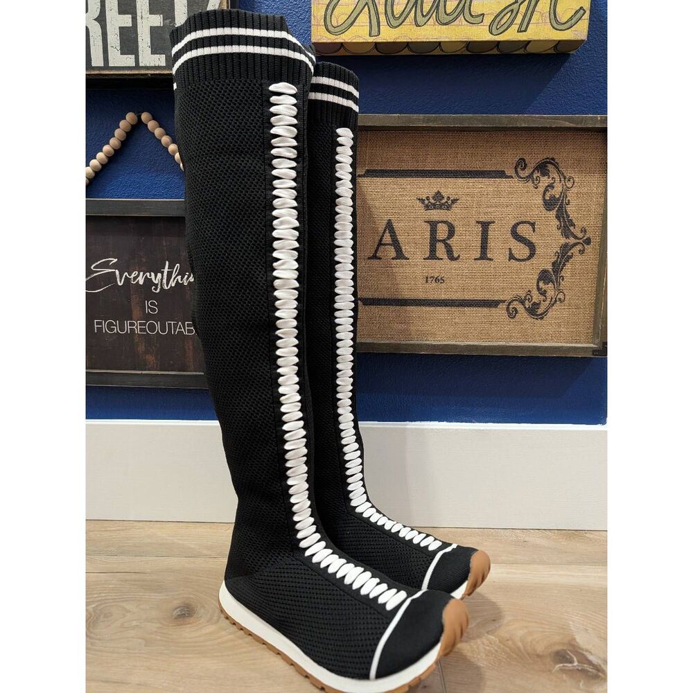 Black Knit Over the Knee Sneaker Boots Size 43 Women's 12 Tall Festival - Picture 8 of 16